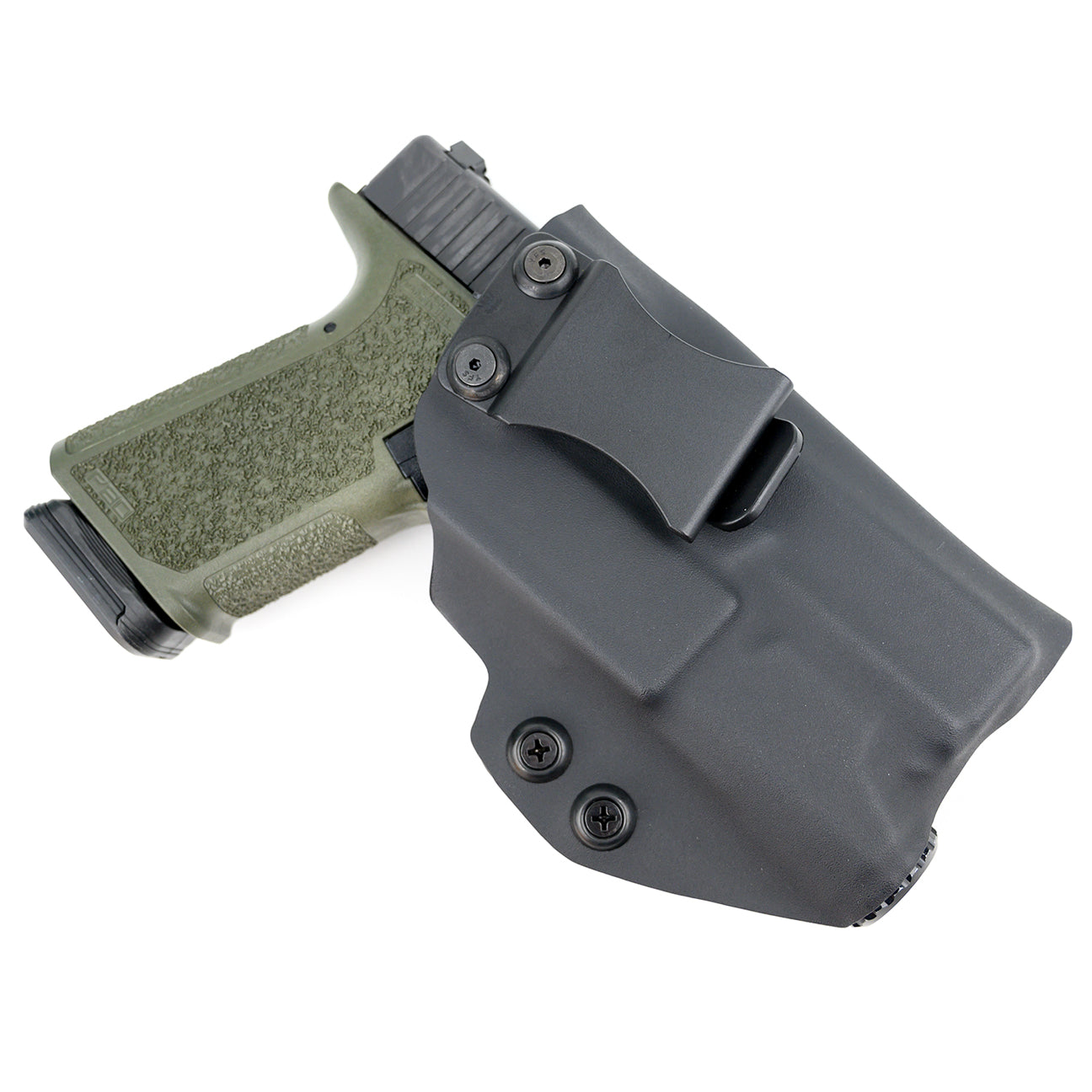 A black holster designed for a light-bearing pistol, showcasing the holster's magazine pouch and retention strap.