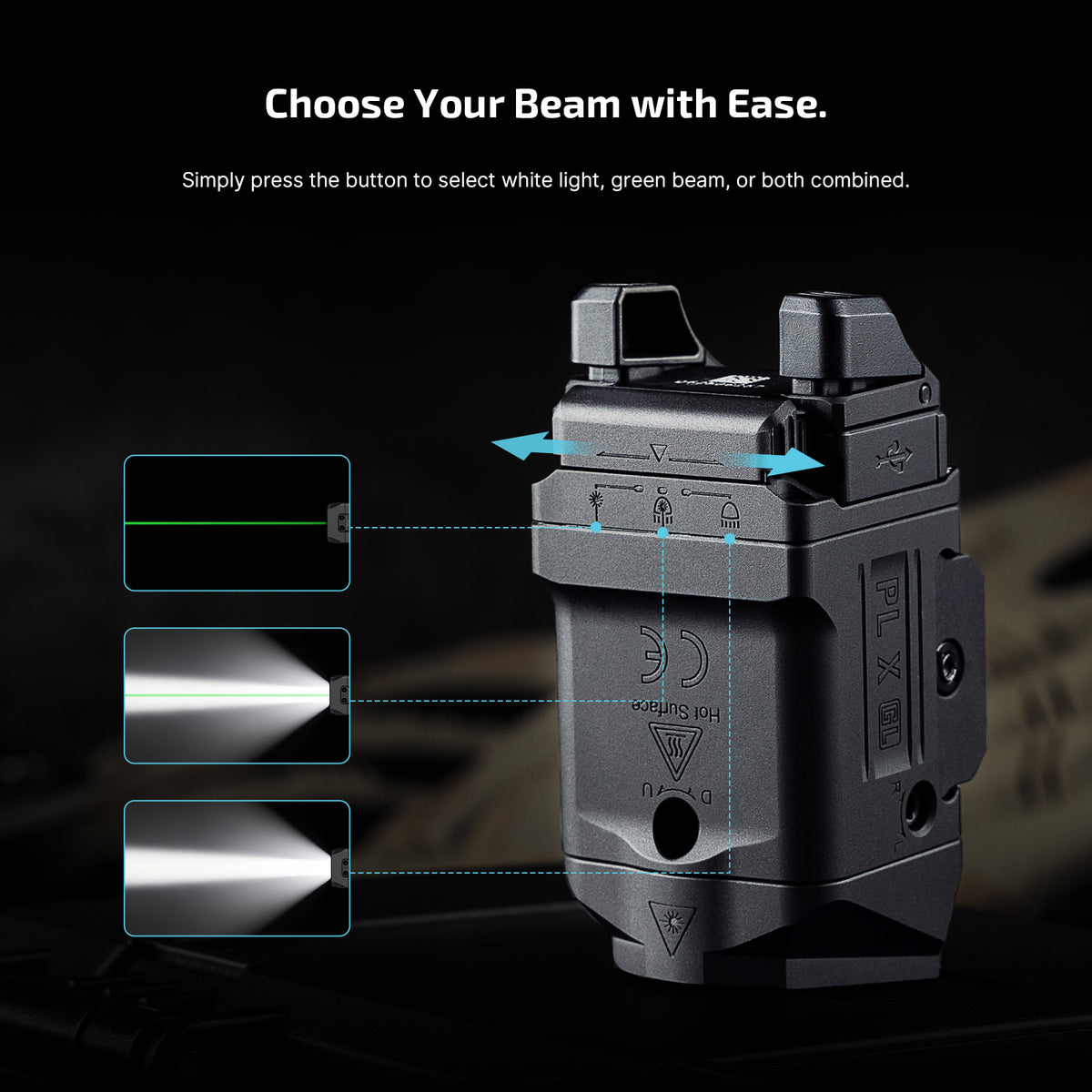 PL X GL 3-in-1 Rail-Mounted Light: Floodlight, Spotlight & Green Beam